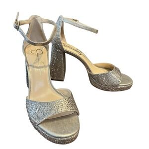 Jessica Simpson Kaliah Champagne Rhinestone Platform Block Heel Sandal 8.5 NWOB